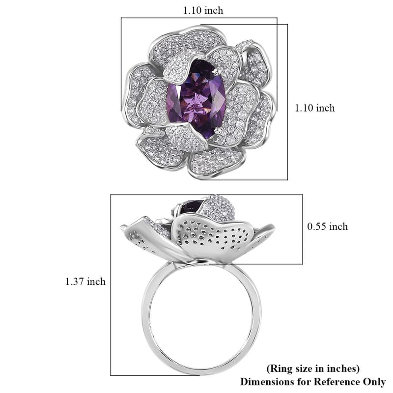 GP Italian Garden Collection Rose De France Amethyst and White Zircon Floral Ring in Rhodium Over Sterling Silver (Size 10.0) 8.50 ctw