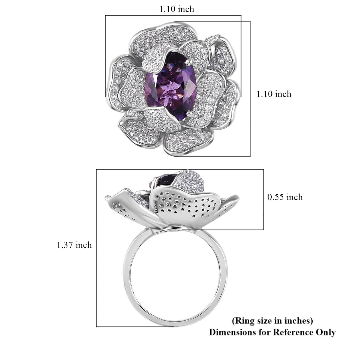 GP Italian Garden Collection Rose De France Amethyst and White Zircon Floral Ring in Rhodium Over Sterling Silver (Size 6.0) 8.50 ctw image number 5