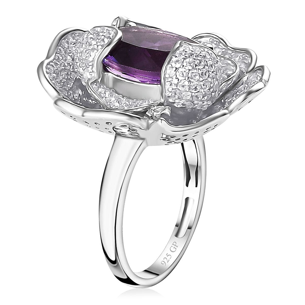 GP Italian Garden Collection Rose De France Amethyst and White Zircon Floral Ring in Rhodium Over Sterling Silver (Size 8.0) 8.50 ctw image number 3