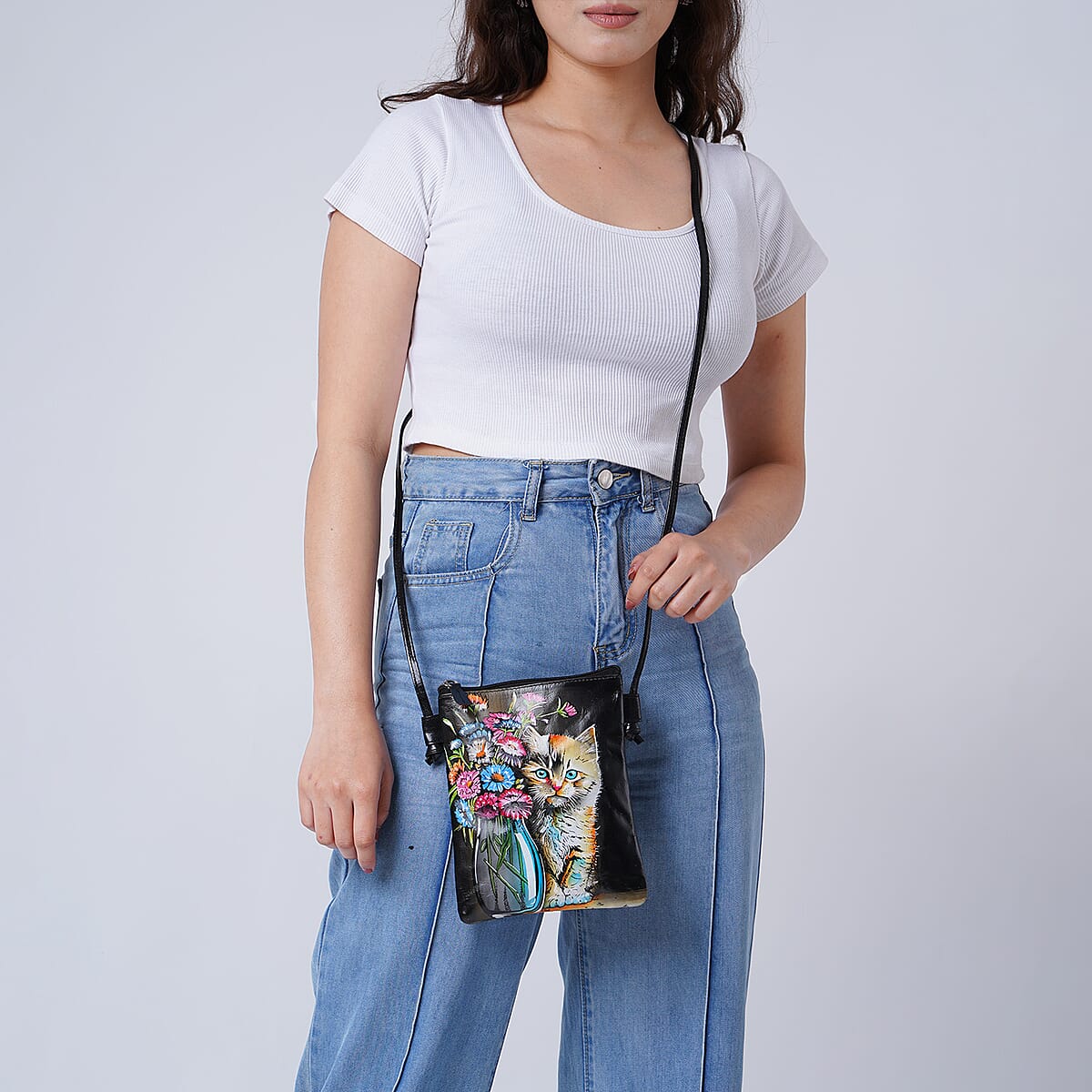 Vivid by Sukriti Black Color Cat Pattern Hand Painted Genuine Leather Crossbody Bag image number 1