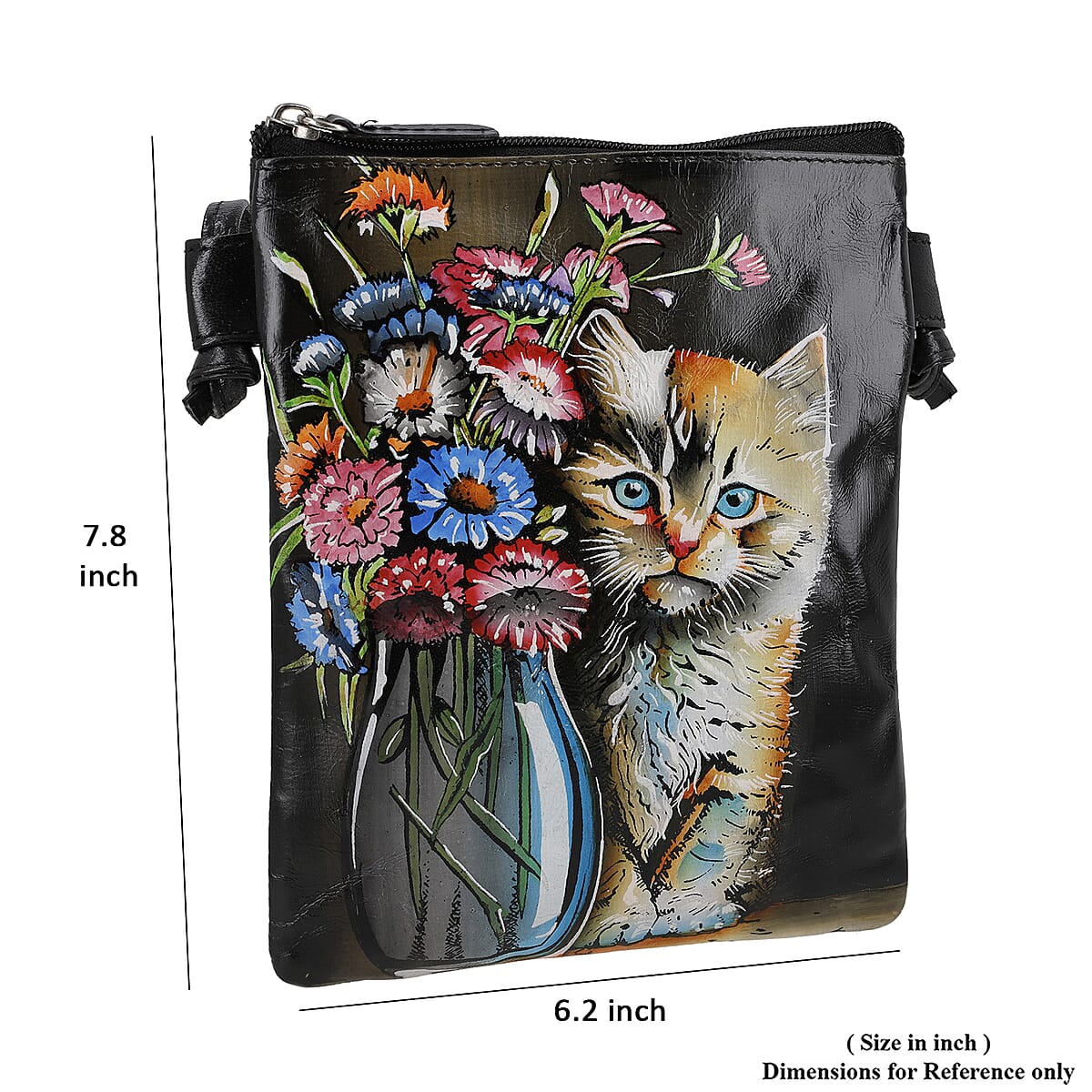 Vivid by Sukriti Black Color Cat Pattern Hand Painted Genuine Leather Crossbody Bag image number 7