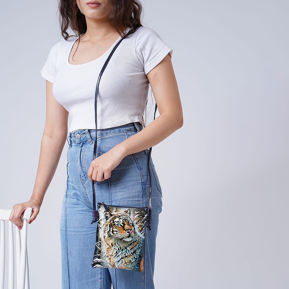 Vivid by Sukriti Teal Color Tiger Pattern Hand Painted Genuine Leather Crossbody Bag image number 1