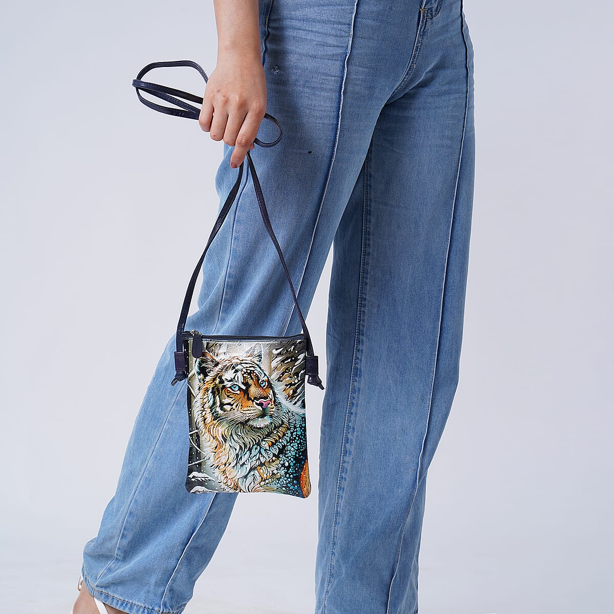 Vivid by Sukriti Teal Color Tiger Pattern Hand Painted Genuine Leather Crossbody Bag image number 2