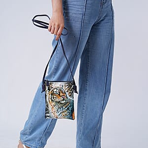 Vivid by Sukriti Teal Color Tiger Pattern Hand Painted Genuine Leather Crossbody Bag
