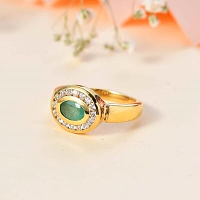 Kagem Zambian Emerald and White Zircon 1.24 ctw Ring in Vermeil Yellow Gold Over Sterling Silver (Size 11.5)