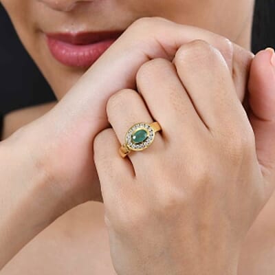 Kagem Zambian Emerald and White Zircon 1.24 ctw Ring in Vermeil Yellow Gold Over Sterling Silver (Size 11.5)