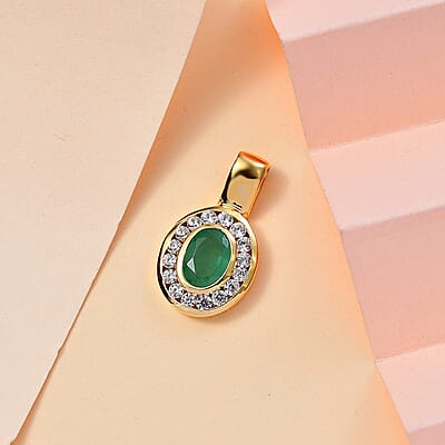 Zambian Emerald and White Zircon 1.09 ctw Pendant in Vermeil YG Over Sterling Silver