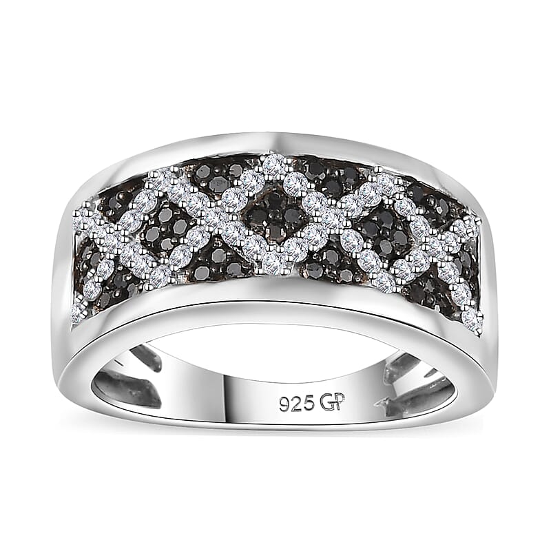 GP Royal Art Deco Collection Black and White Diamond 0.50 ctw Ring in Rhodium Over Sterling Silver (Size 10.0)