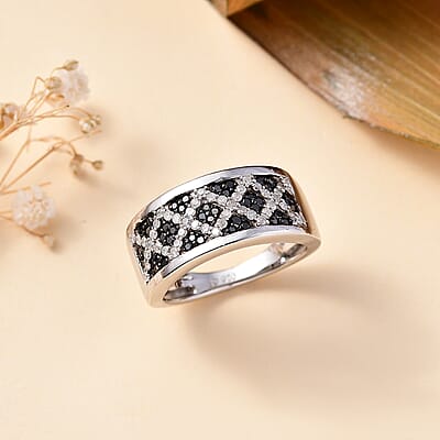 GP Royal Art Deco Collection Black and White Diamond 0.50 ctw Ring in Rhodium Over Sterling Silver (Size 10.0)