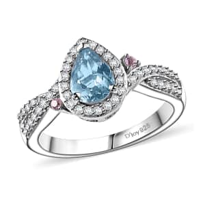 Santa Maria Aquamarine and Multi Gemstone Infinity Halo Ring in Rhodium Over Sterling Silver (Size 10.0) 1.10 ctw