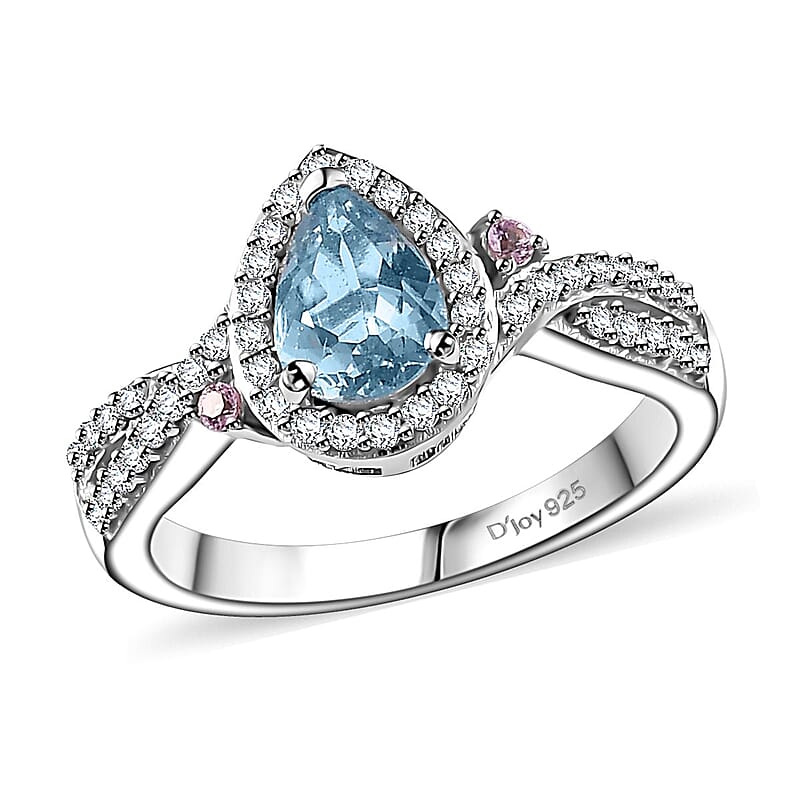 Santa Maria Aquamarine and Multi Gemstone Infinity Halo Ring in Rhodium Over Sterling Silver (Size 10.0) 1.10 ctw
