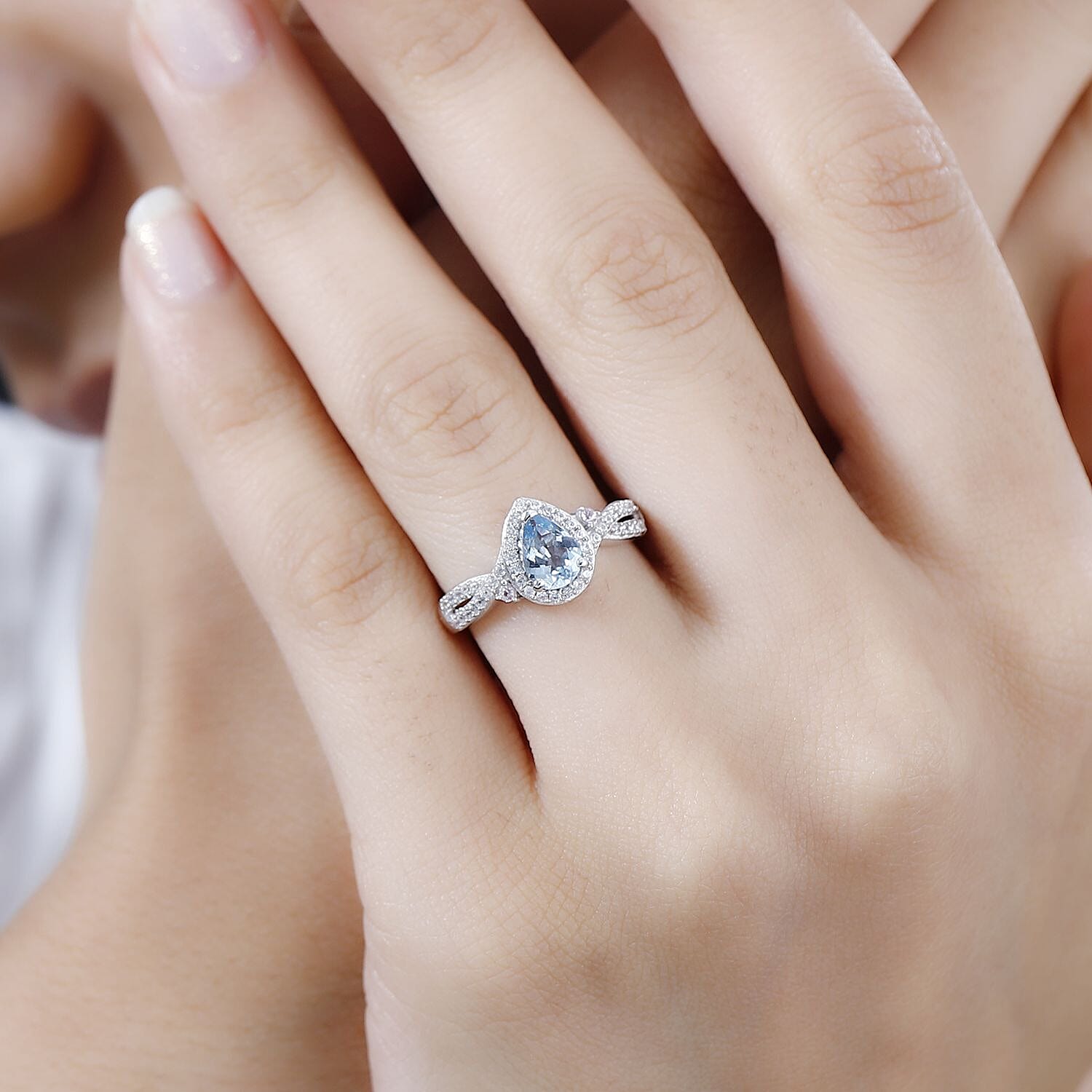 Santa Maria Aquamarine and Multi Gemstone Infinity Halo Ring in Rhodium Over Sterling Silver (Size 10.0) 1.10 ctw