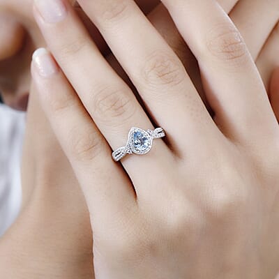 Santa Maria Aquamarine and Multi Gemstone Infinity Halo Ring in Rhodium Over Sterling Silver (Size 10.0) 1.10 ctw