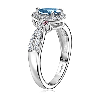 Santa Maria Aquamarine and Multi Gemstone Infinity Halo Ring in Rhodium Over Sterling Silver (Size 10.0) 1.10 ctw
