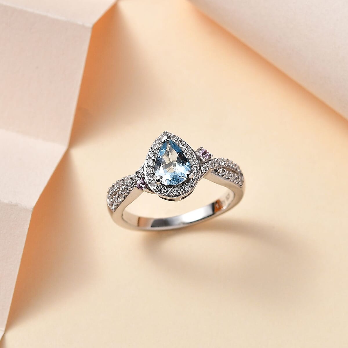 Santa Maria Aquamarine and Multi Gemstone Infinity Halo Ring in Rhodium Over Sterling Silver (Size 9.0) 1.10 ctw image number 1