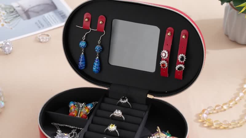 Red Oval Shape Faux Leather Jewelry Organizer (8"x5"x2") with Black Velvet and Zipper Closure