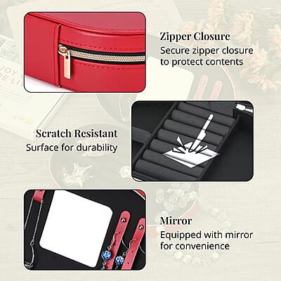 Red Oval Shape Faux Leather Jewelry Organizer (8x5x2) with Black Velvet and Zipper Closure
