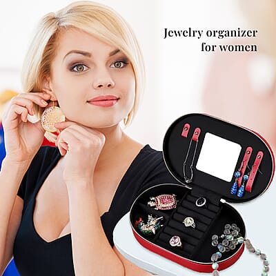 Red Oval Shape Faux Leather Jewelry Organizer (8x5x2) with Black Velvet and Zipper Closure