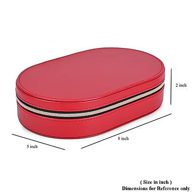 Red Oval Shape Faux Leather Jewelry Organizer (8x5x2) with Black Velvet and Zipper Closure