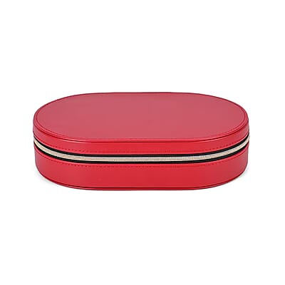 Red Oval Shape Faux Leather Jewelry Organizer (8x5x2) with Black Velvet and Zipper Closure