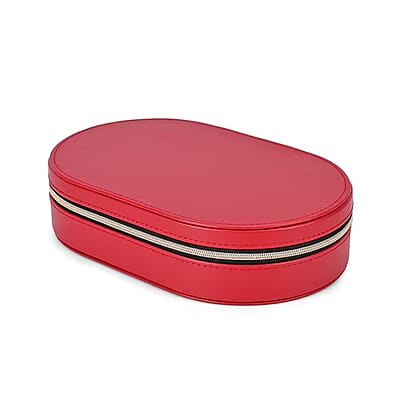 Red Oval Shape Faux Leather Jewelry Organizer (8x5x2) with Black Velvet and Zipper Closure