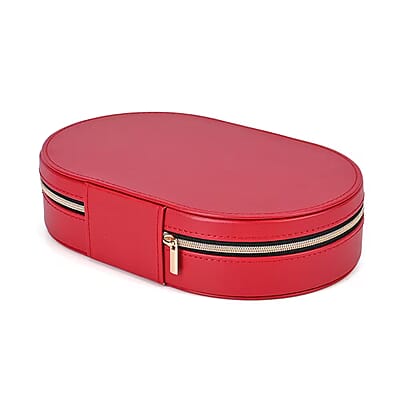 Red Oval Shape Faux Leather Jewelry Organizer (8x5x2) with Black Velvet and Zipper Closure