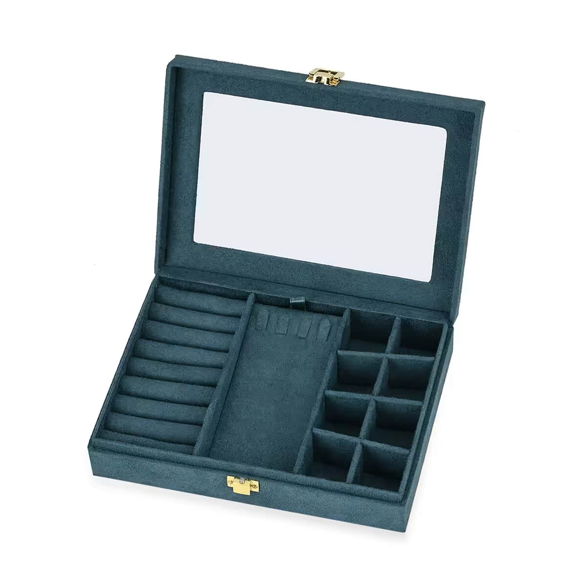 Olive Green Velvet Jewellery Box (7.9x5.9x2) with Transparent Window (8 Ring Slots, 8 Small Sections, and A Removable Necklace Tray) image number 0