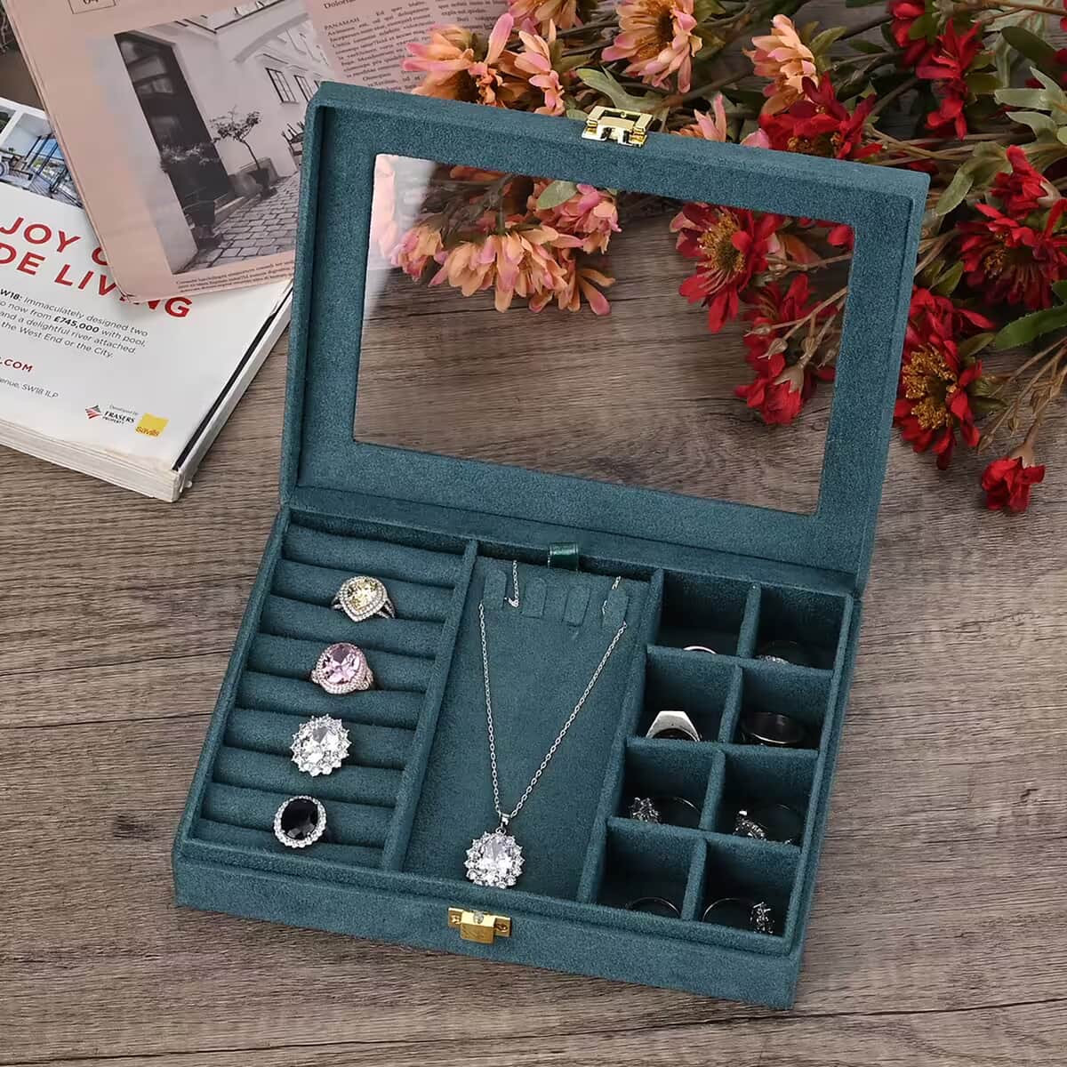 Olive Green Velvet Jewellery Box (7.9x5.9x2) with Transparent Window (8 Ring Slots, 8 Small Sections, and A Removable Necklace Tray) image number 1