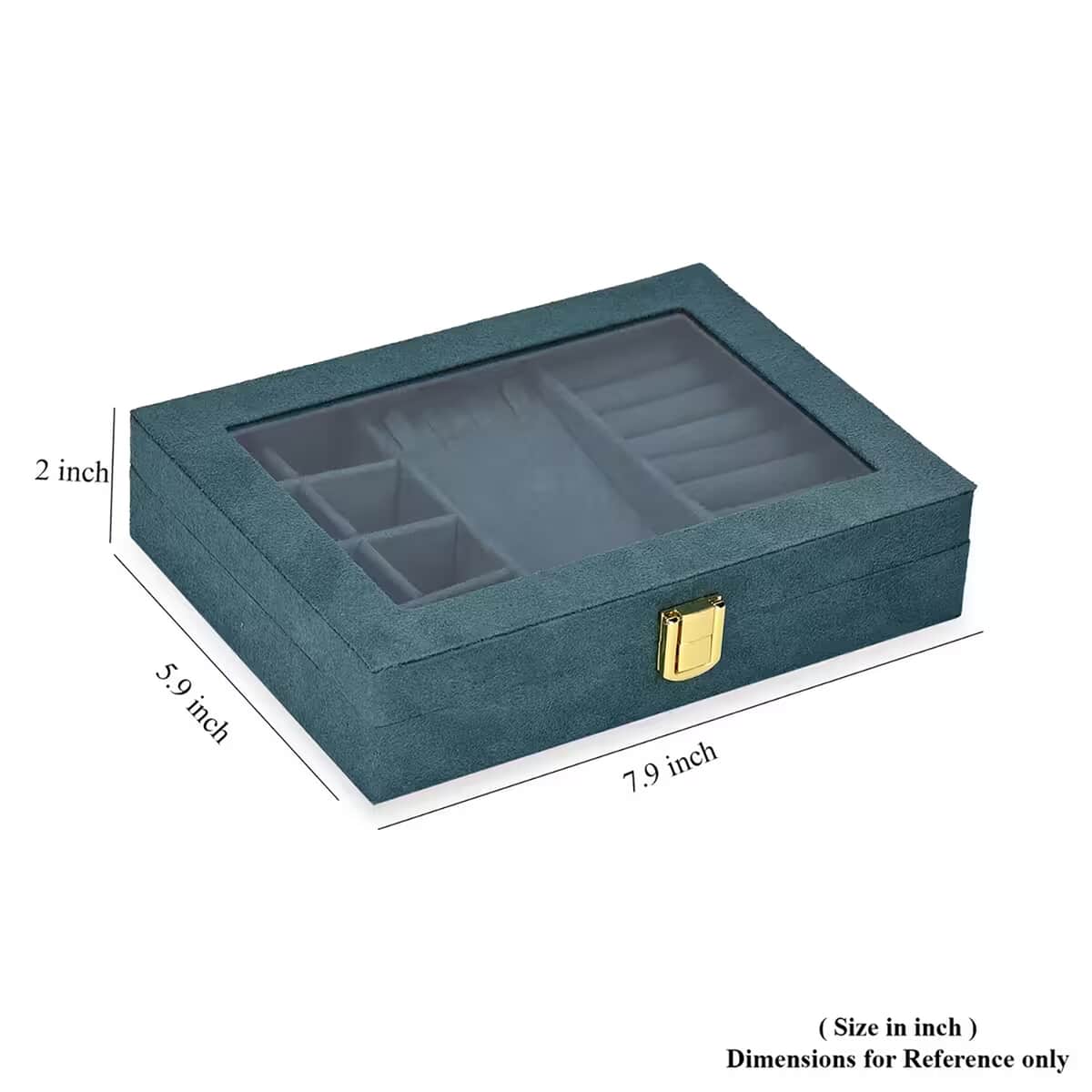 Olive Green Velvet Jewellery Box (7.9x5.9x2) with Transparent Window (8 Ring Slots, 8 Small Sections, and A Removable Necklace Tray) image number 4