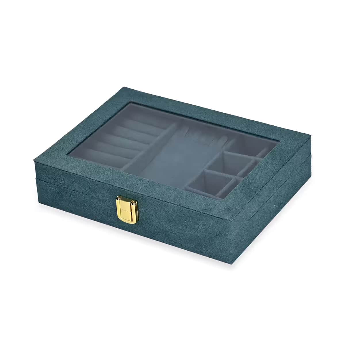 Olive Green Velvet Jewellery Box (7.9x5.9x2) with Transparent Window (8 Ring Slots, 8 Small Sections, and A Removable Necklace Tray) image number 5