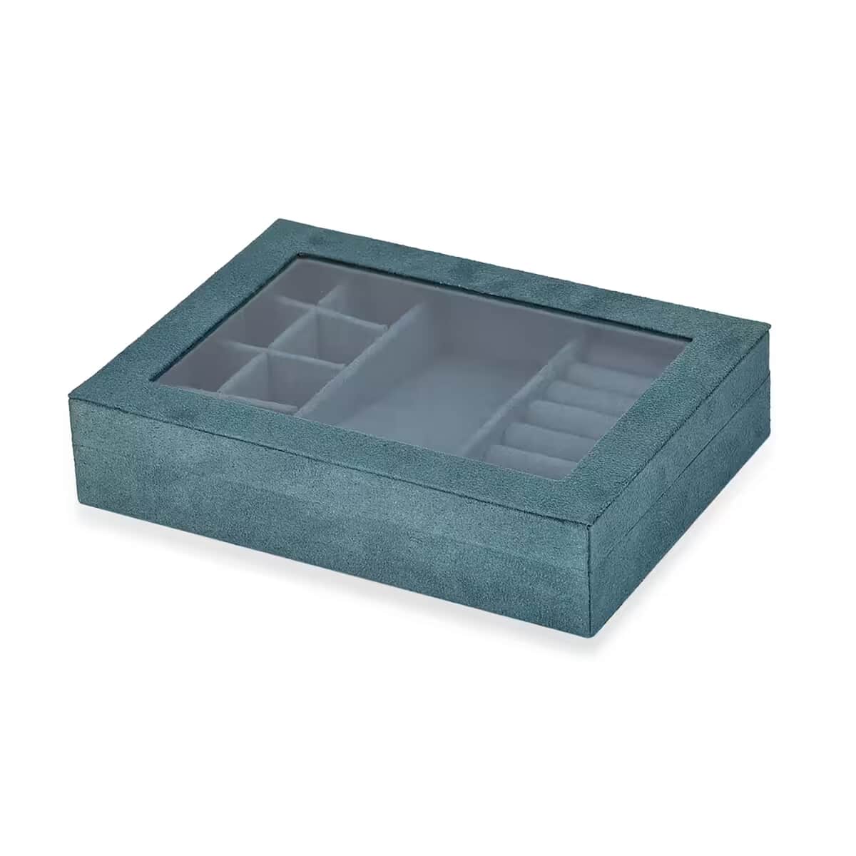 Olive Green Velvet Jewellery Box (7.9x5.9x2) with Transparent Window (8 Ring Slots, 8 Small Sections, and A Removable Necklace Tray) image number 6