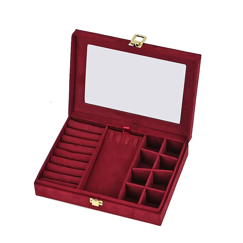 Burgundy Velvet Anti Tarnish Jewelry Box with Transparent Window (8 Ring Slots, 8 Small Sections, and A Removable Necklace Tray)