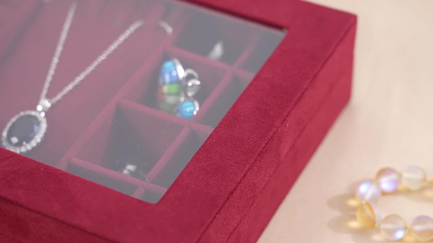 Oilve Green Velvet Jewellery Box (7.9"x5.9"x2") with Transparent Window (8 Ring Slots, 8 Small Sections, and A Removable Necklace Tray)