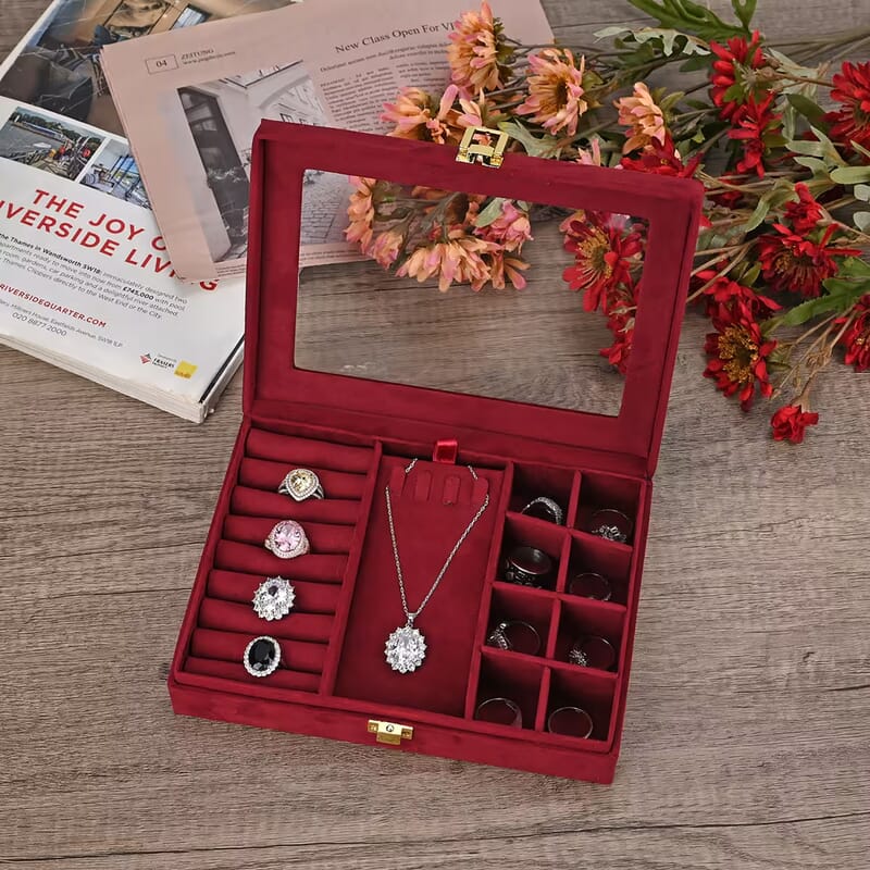 Burgundy Velvet Anti Tarnish Jewelry Box with Transparent Window (8 Ring Slots, 8 Small Sections, and A Removable Necklace Tray)
