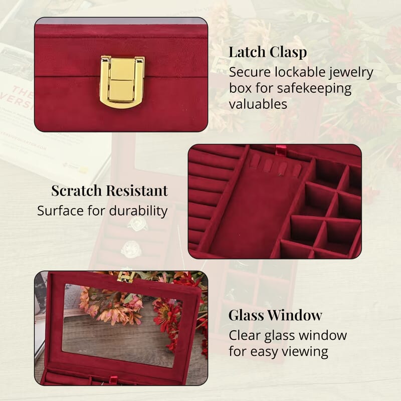Burgundy Velvet Anti Tarnish Jewelry Box with Transparent Window (8 Ring Slots, 8 Small Sections, and A Removable Necklace Tray)