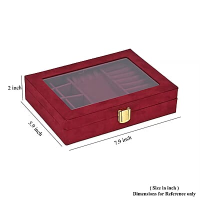 Burgundy Velvet Anti Tarnish Jewelry Box with Transparent Window (8 Ring Slots, 8 Small Sections, and A Removable Necklace Tray)