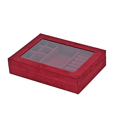 Burgundy Velvet Anti Tarnish Jewelry Box with Transparent Window (8 Ring Slots, 8 Small Sections, and A Removable Necklace Tray)