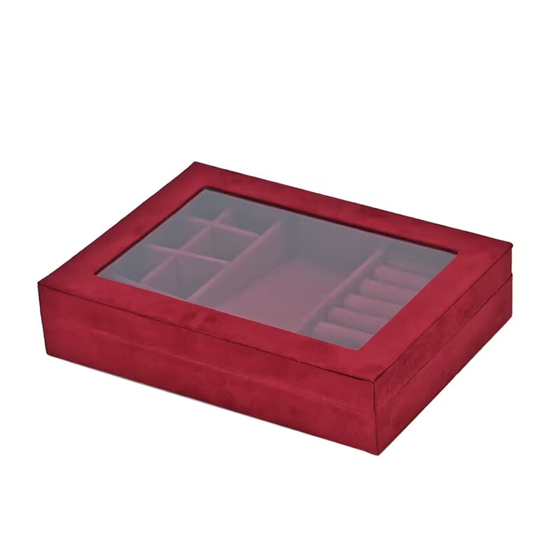 Burgundy Velvet Anti Tarnish Jewelry Box with Transparent Window (8 Ring Slots, 8 Small Sections, and A Removable Necklace Tray)