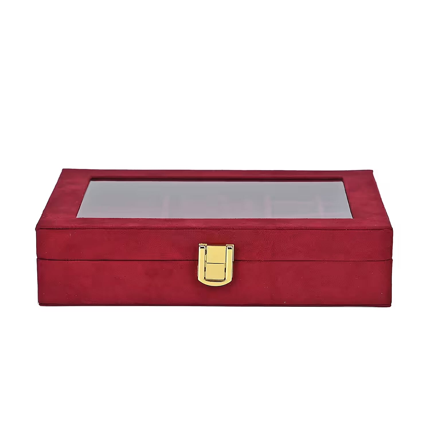 Burgundy Velvet Anti Tarnish Jewelry Box with Transparent Window (8 Ring Slots, 8 Small Sections, and A Removable Necklace Tray)