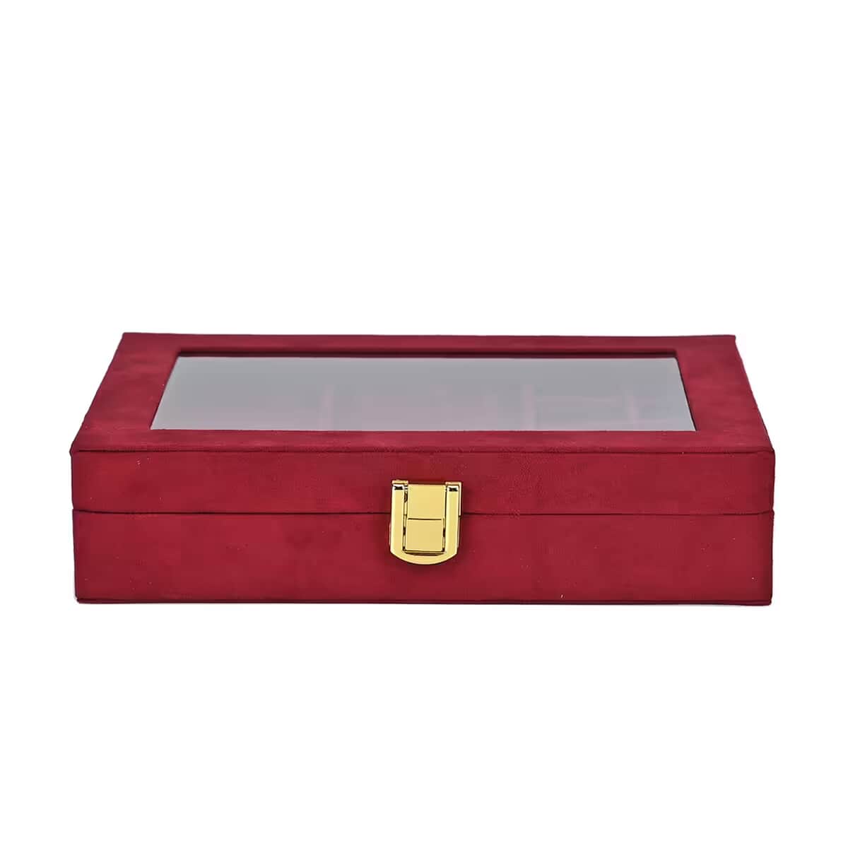 Burgundy Velvet Jewellery Box (7.9x5.9x2) with Transparent Window (8 Ring Slots, 8 Small Sections, and A Removable Necklace Tray) image number 7