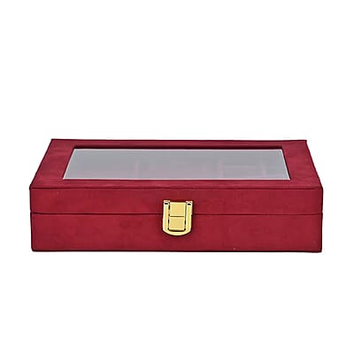 Burgundy Velvet Anti Tarnish Jewelry Box with Transparent Window (8 Ring Slots, 8 Small Sections, and A Removable Necklace Tray)