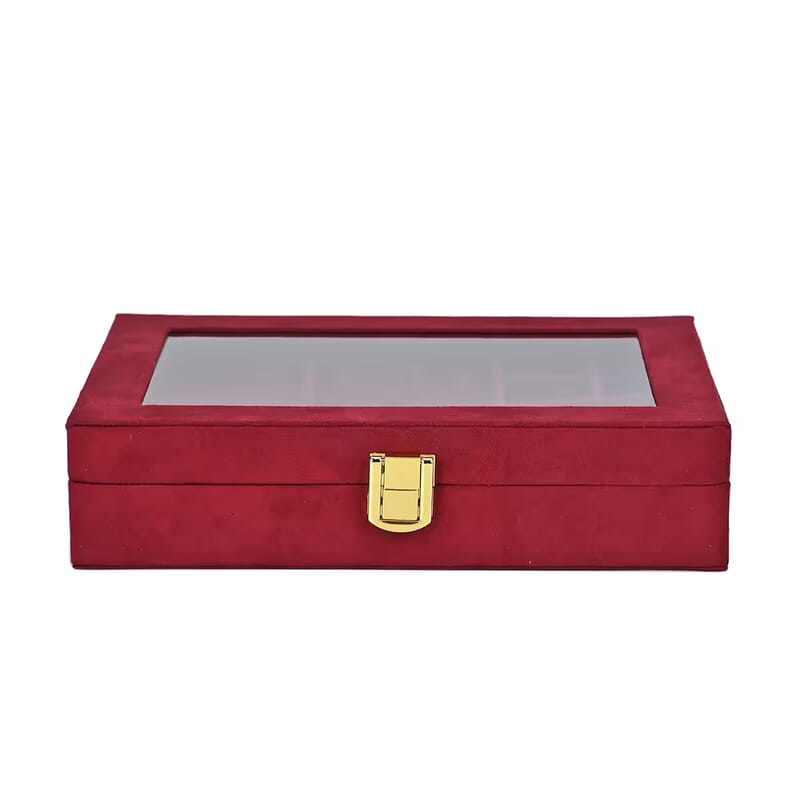 Burgundy Velvet Anti Tarnish Jewelry Box with Transparent Window (8 Ring Slots, 8 Small Sections, and A Removable Necklace Tray)