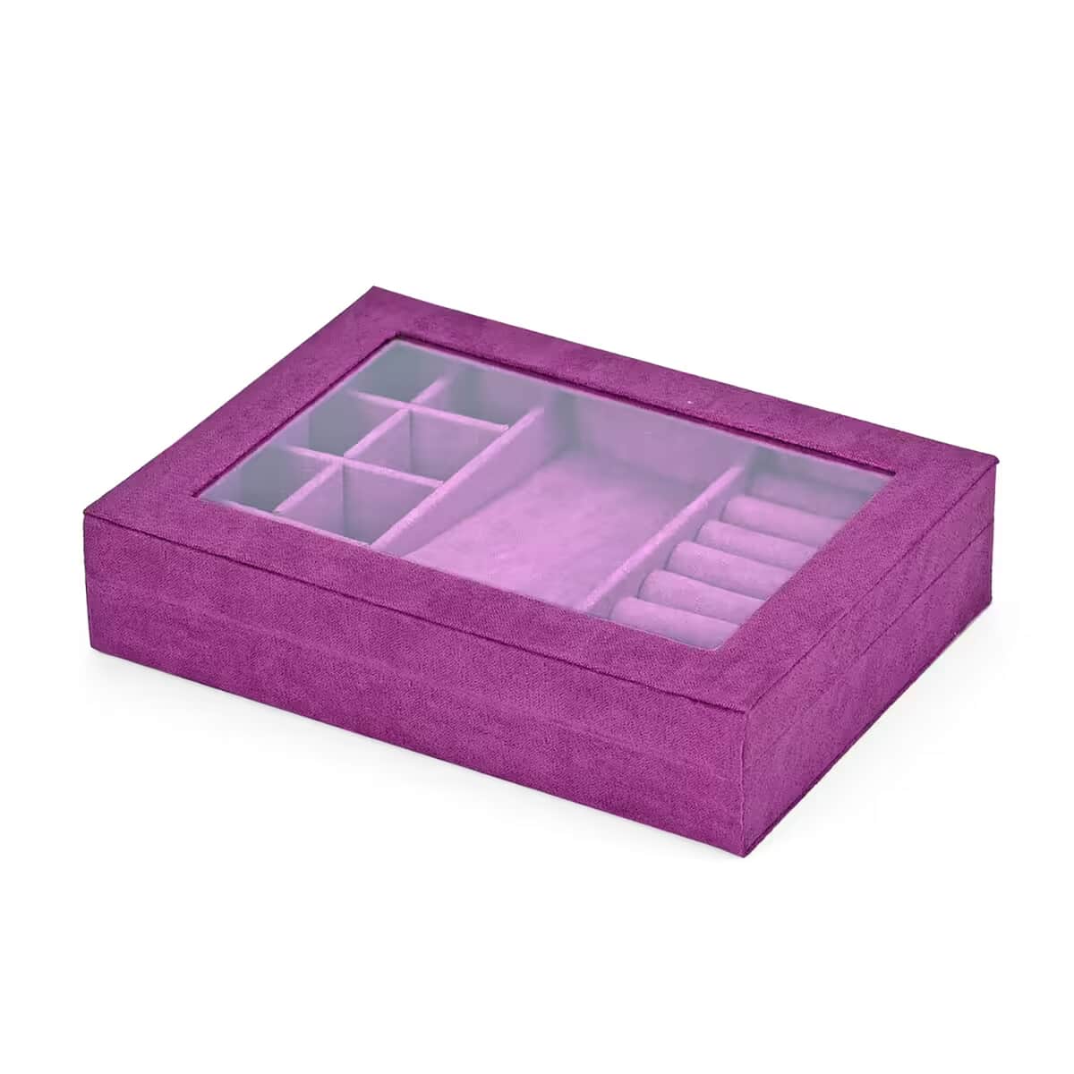 Purple Velvet Jewellery Box (7.9x5.9x2) with Transparent Window (8 Ring Slots, 8 Small Sections, and A Removable Necklace Tray) image number 6