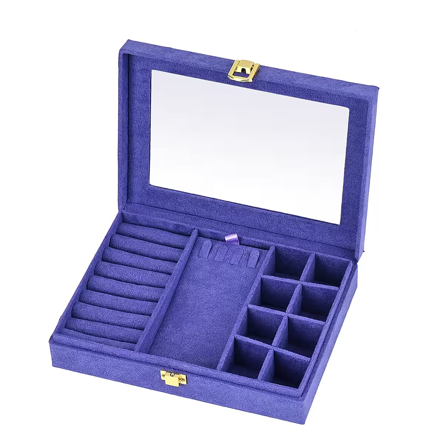 Tanzanite Blue Velvet Anti Tarnish Jewelry Box with Transparent Window (8 Ring Slots, 8 Small Sections, and A Removable Necklace Tray)