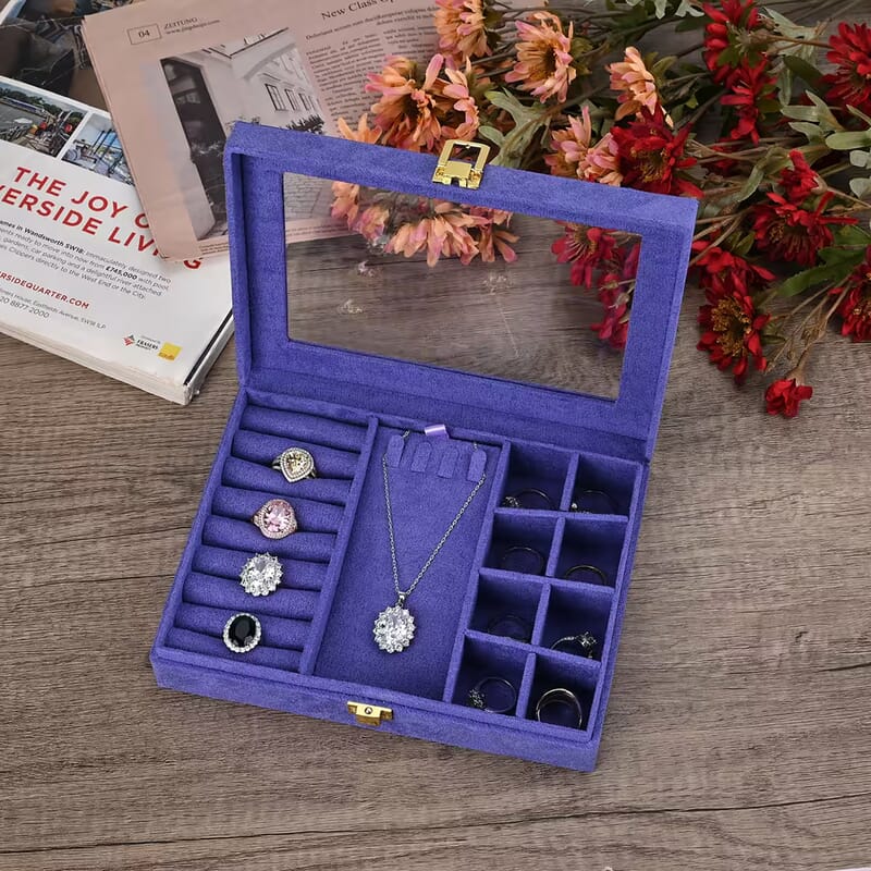 Tanzanite Blue Velvet Anti Tarnish Jewelry Box with Transparent Window (8 Ring Slots, 8 Small Sections, and A Removable Necklace Tray)