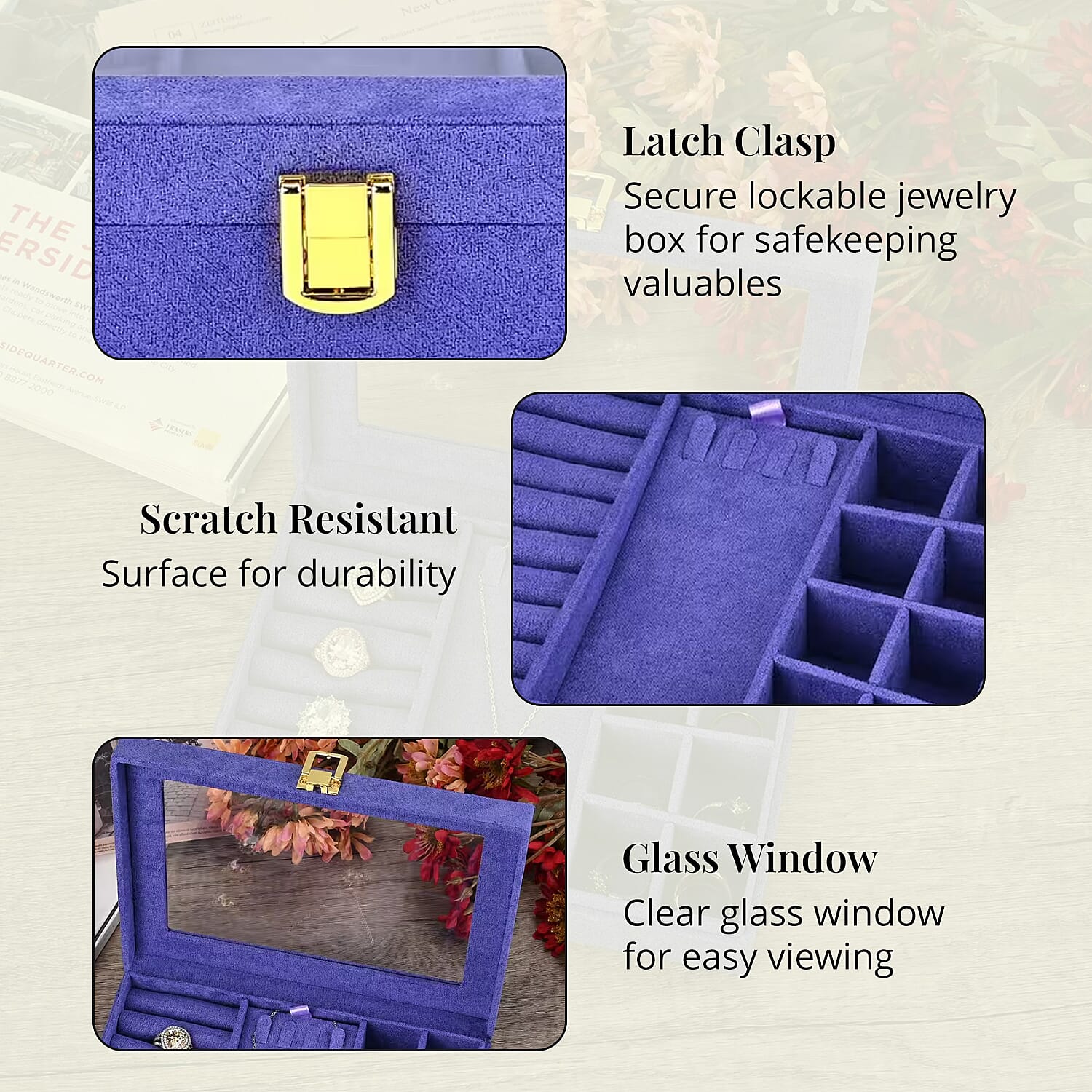 Tanzanite Blue Velvet Anti Tarnish Jewelry Box with Transparent Window (8 Ring Slots, 8 Small Sections, and A Removable Necklace Tray)