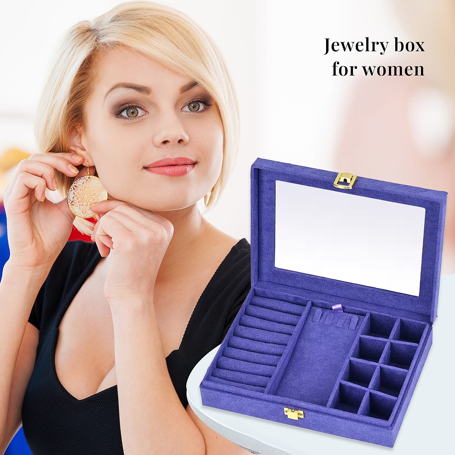 Tanzanite Blue Velvet Anti Tarnish Jewelry Box with Transparent Window (8 Ring Slots, 8 Small Sections, and A Removable Necklace Tray)