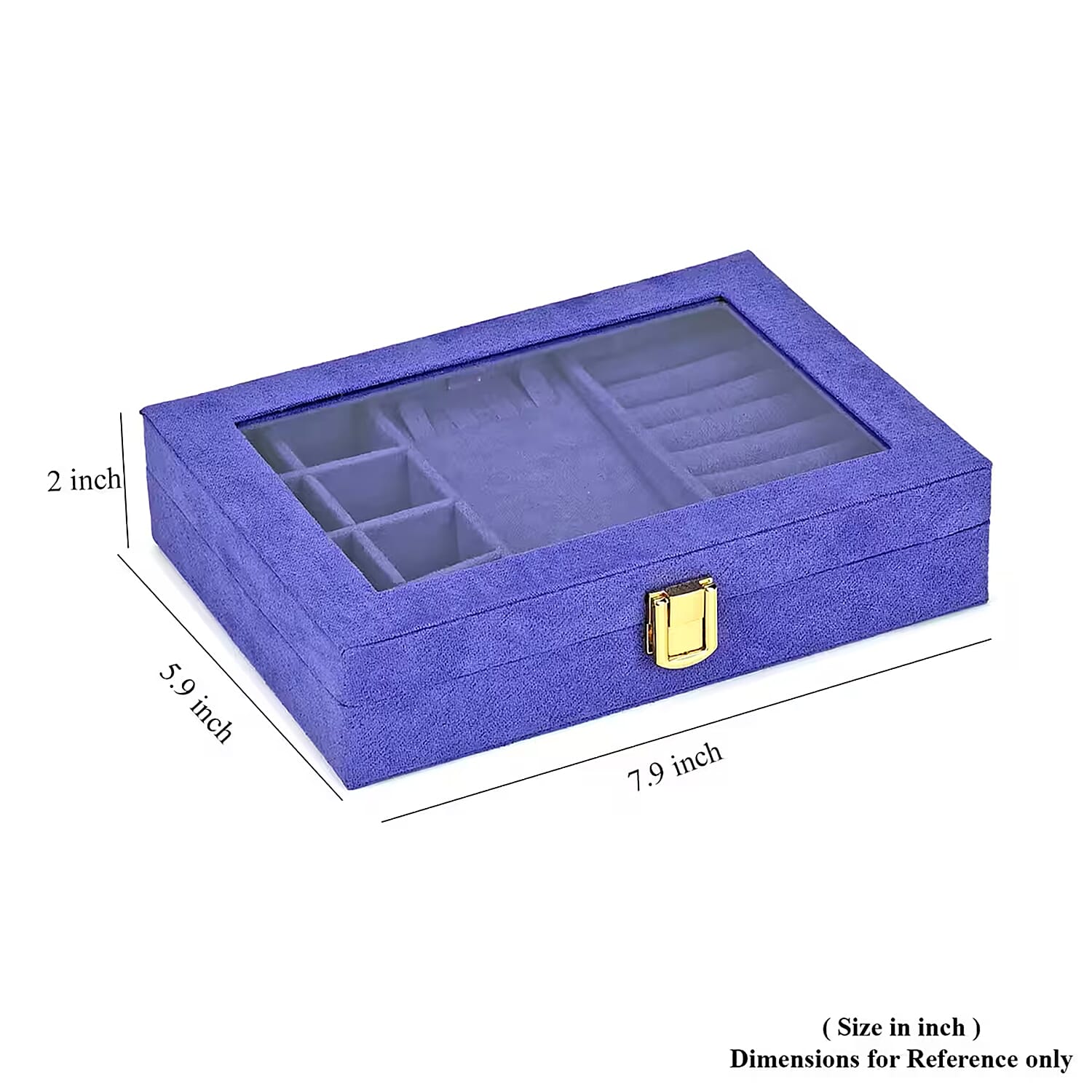 Tanzanite Blue Velvet Anti Tarnish Jewelry Box with Transparent Window (8 Ring Slots, 8 Small Sections, and A Removable Necklace Tray)