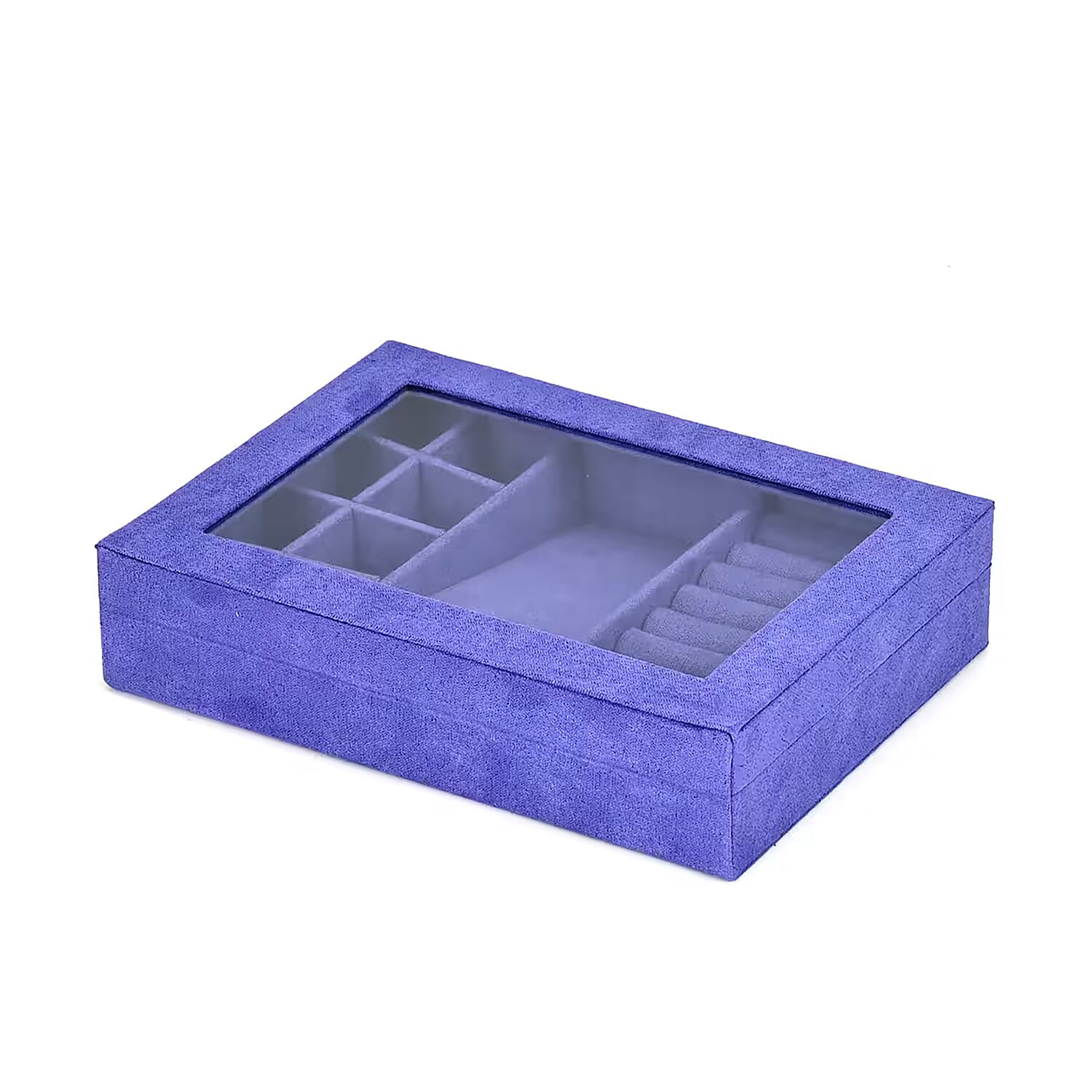 Tanzanite Blue Velvet Anti Tarnish Jewelry Box with Transparent Window (8 Ring Slots, 8 Small Sections, and A Removable Necklace Tray)