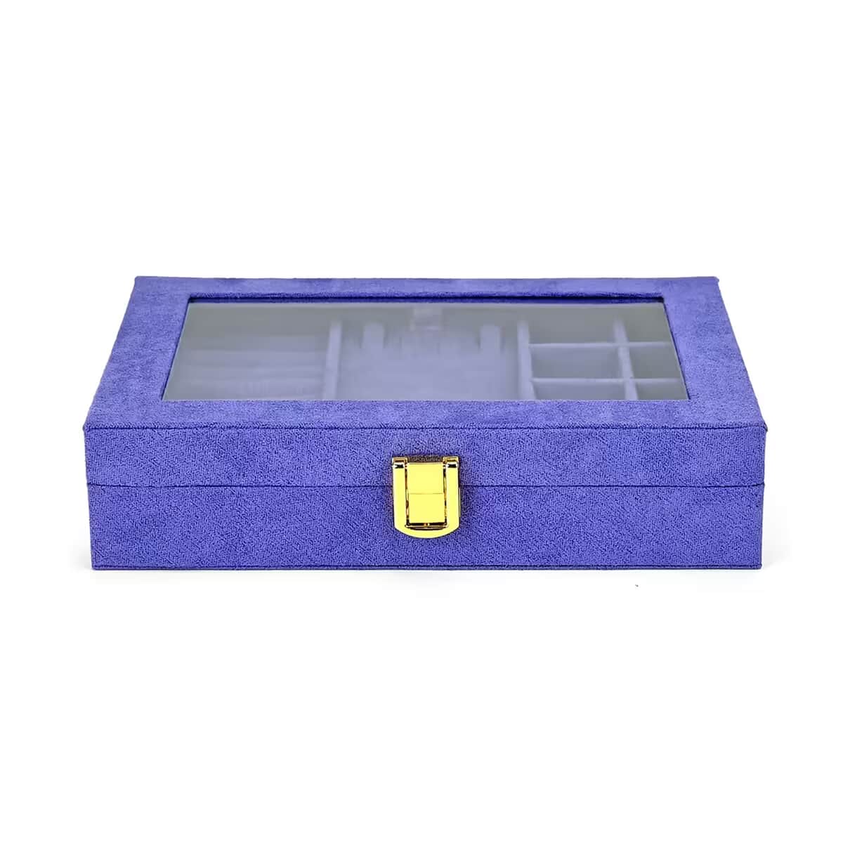 Tanzanite Blue Velvet Jewellery Box (7.9x5.9x2) with Transparent Window (8 Ring Slots, 8 Small Sections, and A Removable Necklace Tray) image number 7